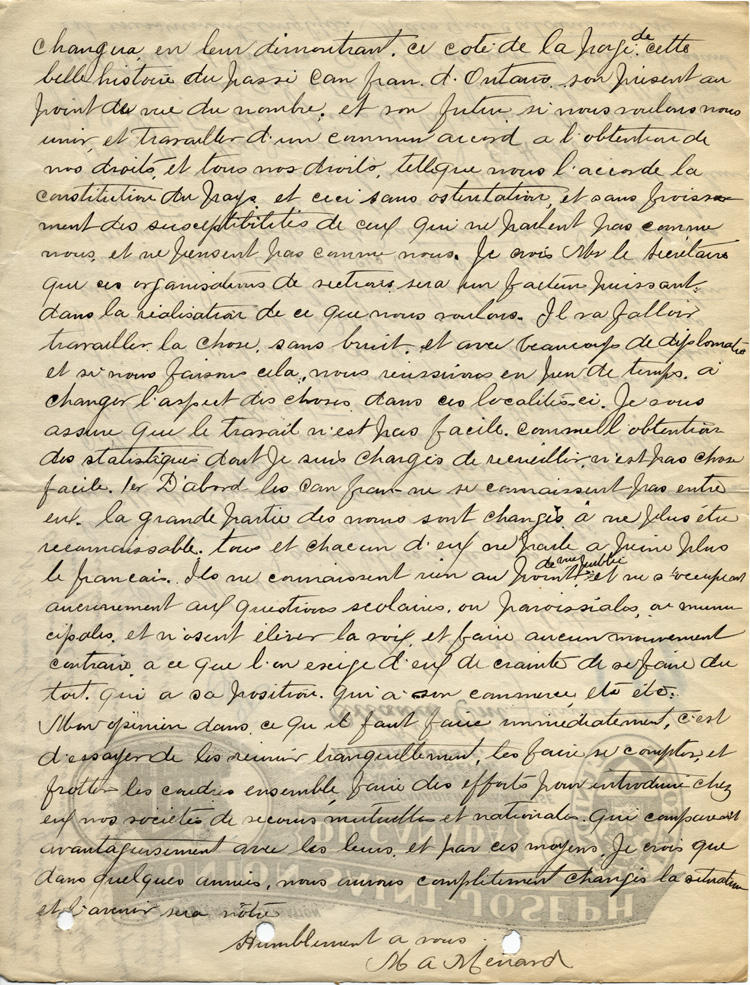 Reproduction de la deuxi&egrave;me page d’une lettre de M. A. M&eacute;nard &agrave; C. A. S&eacute;guin, secr&eacute;taire, Association canadienne-fran&ccedil;aise d’&eacute;ducation d’Ontario (ACFEO), au sujet de l’assembl&eacute;e de fondation d’une section de l’ACFEO &agrave; Kingston, Kingston, 26 janvier 1911.