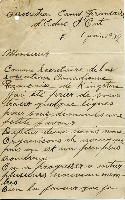 Reproduction de la premi&egrave;re page d’une lettre de J. E. St-Pierre, section Kingston de l’Association canadienne-fran&ccedil;aise d’Ontario (ACFEO) au secr&eacute;tariat de l’ACFEO &agrave; Ottawa, Kingston, 7 f&eacute;vrier 1932.