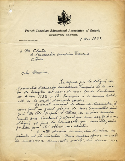 Reproduction de la premi&egrave;re page d’une lettre des repr&eacute;sentants de la section Kingston de l’Association canadienne-fran&ccedil;aise d’&eacute;ducation d’Ontario (ACFEO) &agrave; Edmond Cloutier de l’ACFEO , Kingston, 7 novembre 1932.