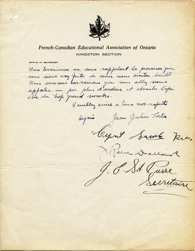 Reproduction de la troisi&egrave;me page d’une lettre des repr&eacute;sentants de la section Kingston de l’Association canadienne-fran&ccedil;aise d’&eacute;ducation d’Ontario (ACFEO) &agrave; Edmond Cloutier de l’ACFEO , Kingston, 7 novembre 1932.