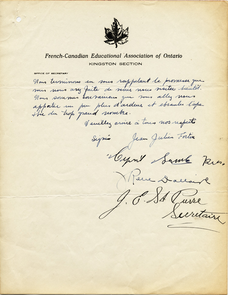 Reproduction de la troisième page d’une lettre des représentants de la section Kingston de l’Association canadienne-française d’éducation d’Ontario (ACFEO) à Edmond Cloutier de l’ACFEO , Kingston, 7 novembre 1932.