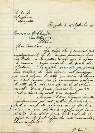 Reproduction de la premi&egrave;re page d’une lettre de J. E. Bouchard du Cercle Lafontaine &agrave; Edmond Cloutier de l’Association canadienne-fran&ccedil;aise d’&eacute;ducation d’Ontario, avec des listes d’&eacute;l&egrave;ves d’origine canadienne-fran&ccedil;aise fr&eacute;quentant les &eacute;coles St. Vincent, St. John’s et St. Mary’s de Kingston, Kingston, 15 septembre 1932.