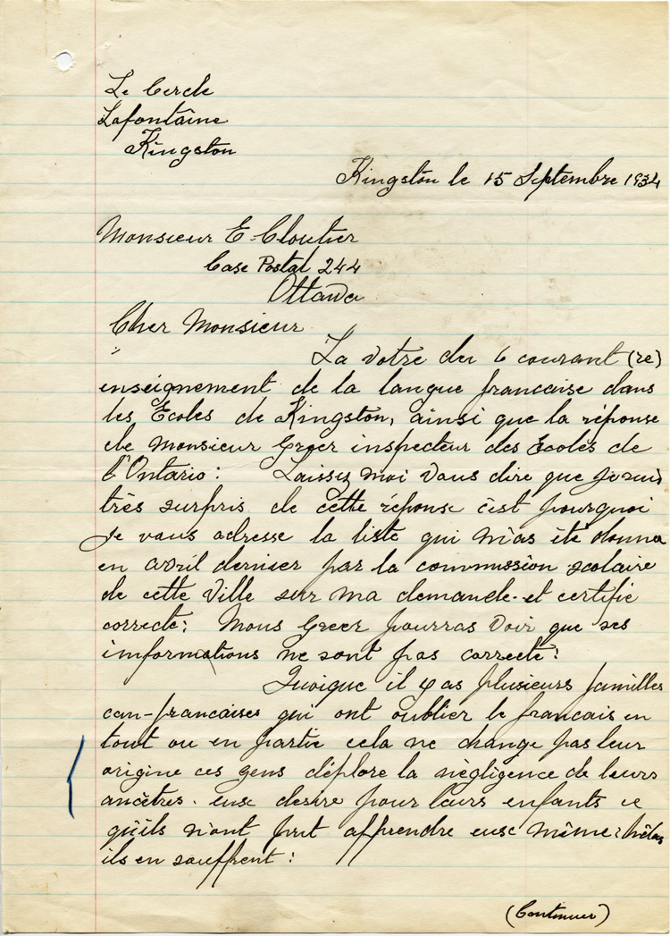 Reproduction de la premi&egrave;re page d’une lettre de J. E. Bouchard du Cercle Lafontaine &agrave; Edmond Cloutier de l’Association canadienne-fran&ccedil;aise d’&eacute;ducation d’Ontario, avec des listes d’&eacute;l&egrave;ves d’origine canadienne-fran&ccedil;aise fr&eacute;quentant les &eacute;coles St. Vincent, St. John’s et St. Mary’s de Kingston, Kingston, 15 septembre 1932.