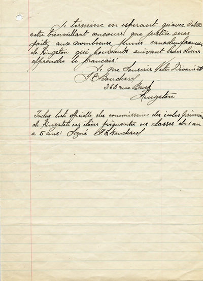 Reproduction de la deuxi&egrave;me page d’une lettre de J. E. Bouchard du Cercle Lafontaine &agrave; Edmond Cloutier de l’Association canadienne-fran&ccedil;aise d’&eacute;ducation d’Ontario, avec des listes d’&eacute;l&egrave;ves d’origine canadienne-fran&ccedil;aise fr&eacute;quentant les &eacute;coles St. Vincent, St. John’s et St. Mary’s de Kingston, Kingston, 15 septembre 1932.