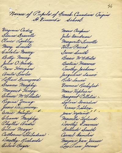 Reproduction de la troisi&egrave;me page d’une lettre de J. E. Bouchard du Cercle Lafontaine &agrave; Edmond Cloutier de l’Association canadienne-fran&ccedil;aise d’&eacute;ducation d’Ontario, avec des listes d’&eacute;l&egrave;ves d’origine canadienne-fran&ccedil;aise fr&eacute;quentant les &eacute;coles St. Vincent, St. John’s et St. Mary’s de Kingston, Kingston, 15 septembre 1932.