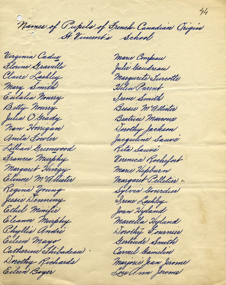 Reproduction de la troisi&egrave;me page d’une lettre de J. E. Bouchard du Cercle Lafontaine &agrave; Edmond Cloutier de l’Association canadienne-fran&ccedil;aise d’&eacute;ducation d’Ontario, avec des listes d’&eacute;l&egrave;ves d’origine canadienne-fran&ccedil;aise fr&eacute;quentant les &eacute;coles St. Vincent, St. John’s et St. Mary’s de Kingston, Kingston, 15 septembre 1932.