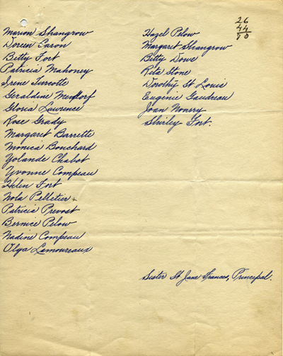 Reproduction de la quatri&egrave;me page d’une lettre de J. E. Bouchard du Cercle Lafontaine &agrave; Edmond Cloutier de l’Association canadienne-fran&ccedil;aise d’&eacute;ducation d’Ontario, avec des listes d’&eacute;l&egrave;ves d’origine canadienne-fran&ccedil;aise fr&eacute;quentant les &eacute;coles St. Vincent, St. John’s et St. Mary’s de Kingston, Kingston, 15 septembre 1932.