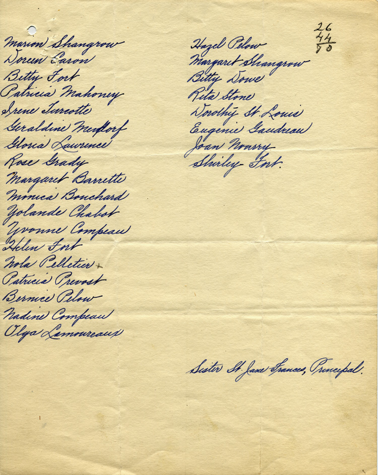 Reproduction de la quatri&egrave;me page d’une lettre de J. E. Bouchard du Cercle Lafontaine &agrave; Edmond Cloutier de l’Association canadienne-fran&ccedil;aise d’&eacute;ducation d’Ontario, avec des listes d’&eacute;l&egrave;ves d’origine canadienne-fran&ccedil;aise fr&eacute;quentant les &eacute;coles St. Vincent, St. John’s et St. Mary’s de Kingston, Kingston, 15 septembre 1932.