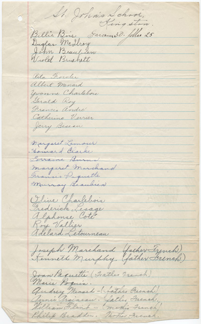 Reproduction de la cinqui&egrave;me page d’une lettre de J. E. Bouchard du Cercle Lafontaine &agrave; Edmond Cloutier de l’Association canadienne-fran&ccedil;aise d’&eacute;ducation d’Ontario, avec des listes d’&eacute;l&egrave;ves d’origine canadienne-fran&ccedil;aise fr&eacute;quentant les &eacute;coles St. Vincent, St. John’s et St. Mary’s de Kingston, Kingston, 15 septembre 1932.