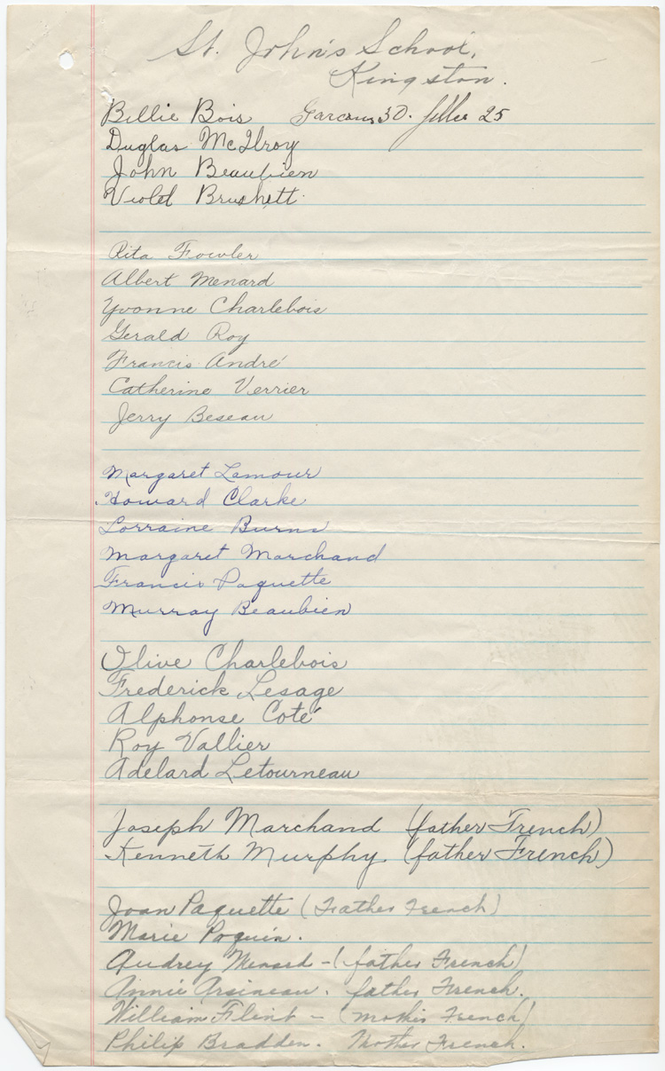 Reproduction de la cinqui&egrave;me page d’une lettre de J. E. Bouchard du Cercle Lafontaine &agrave; Edmond Cloutier de l’Association canadienne-fran&ccedil;aise d’&eacute;ducation d’Ontario, avec des listes d’&eacute;l&egrave;ves d’origine canadienne-fran&ccedil;aise fr&eacute;quentant les &eacute;coles St. Vincent, St. John’s et St. Mary’s de Kingston, Kingston, 15 septembre 1932.