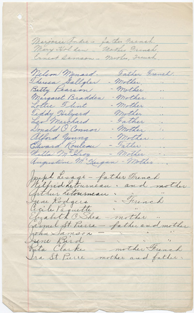 Reproduction de la sixi&egrave;me page d’une lettre de J. E. Bouchard du Cercle Lafontaine &agrave; Edmond Cloutier de l’Association canadienne-fran&ccedil;aise d’&eacute;ducation d’Ontario, avec des listes d’&eacute;l&egrave;ves d’origine canadienne-fran&ccedil;aise fr&eacute;quentant les &eacute;coles St. Vincent, St. John’s et St. Mary’s de Kingston, Kingston, 15 septembre 1932.