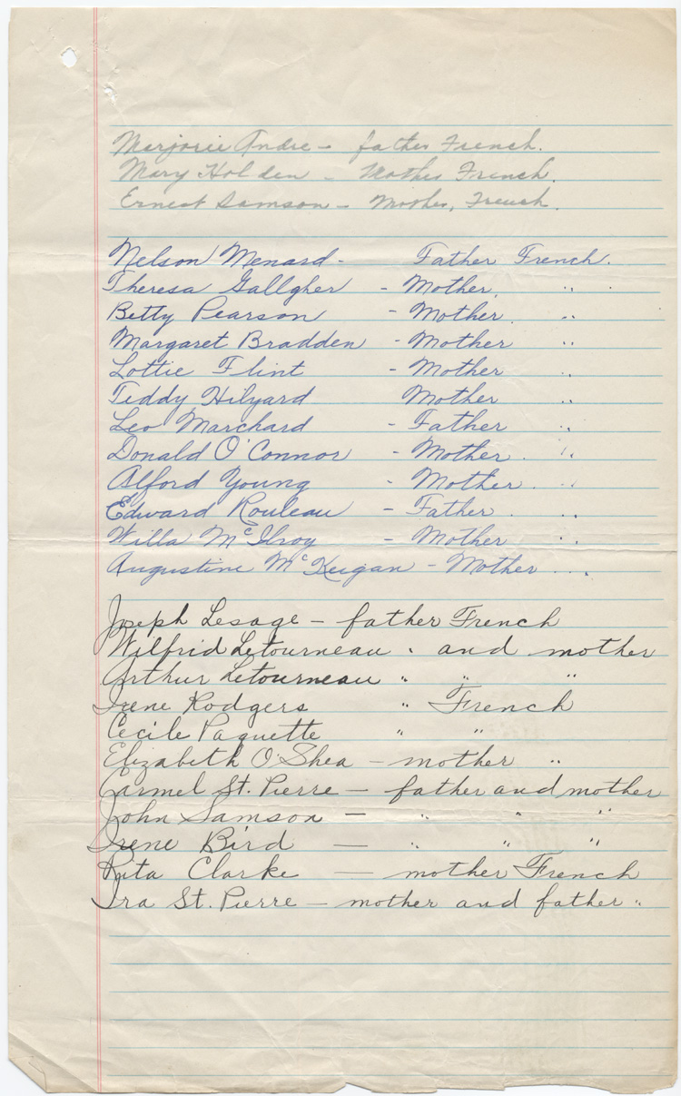 Reproduction de la sixi&egrave;me page d’une lettre de J. E. Bouchard du Cercle Lafontaine &agrave; Edmond Cloutier de l’Association canadienne-fran&ccedil;aise d’&eacute;ducation d’Ontario, avec des listes d’&eacute;l&egrave;ves d’origine canadienne-fran&ccedil;aise fr&eacute;quentant les &eacute;coles St. Vincent, St. John’s et St. Mary’s de Kingston, Kingston, 15 septembre 1932.