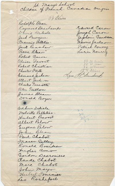 Reproduction de la septi&egrave;me page d’une lettre de J. E. Bouchard du Cercle Lafontaine &agrave; Edmond Cloutier de l’Association canadienne-fran&ccedil;aise d’&eacute;ducation d’Ontario, avec en annexe des listes d’&eacute;l&egrave;ves d’origine canadienne-fran&ccedil;aise fr&eacute;quentant les &eacute;coles St. Vincent, St. John’s et St. Mary’s de Kingston, Kingston, 15 septembre 1932.