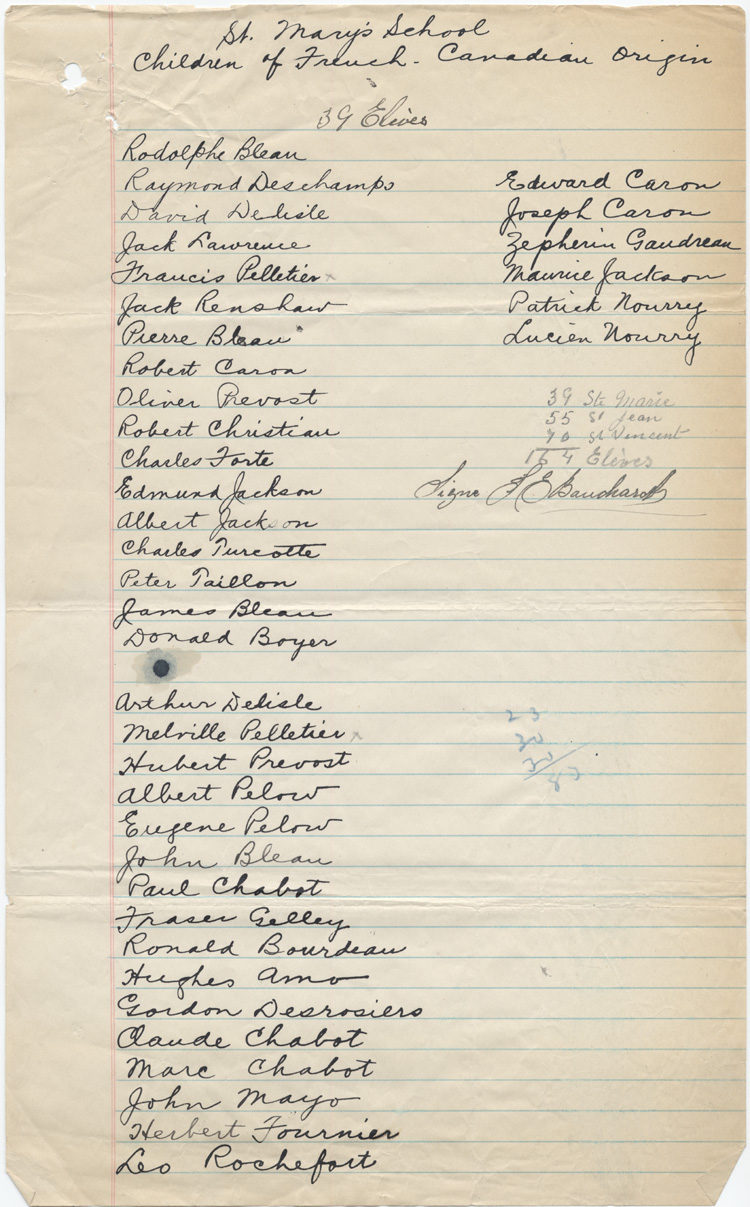 Reproduction de la septi&egrave;me page d’une lettre de J. E. Bouchard du Cercle Lafontaine &agrave; Edmond Cloutier de l’Association canadienne-fran&ccedil;aise d’&eacute;ducation d’Ontario, avec en annexe des listes d’&eacute;l&egrave;ves d’origine canadienne-fran&ccedil;aise fr&eacute;quentant les &eacute;coles St. Vincent, St. John’s et St. Mary’s de Kingston, Kingston, 15 septembre 1932.