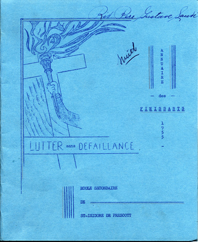 Reproduction de la page couverture de l’annuaire des finissants de l’&Eacute;cole secondaire de Saint-Isidore-de-Prescott (Ontario), intitul&eacute; Lutter sans d&eacute;faillance : annuaire des finissants, 1955.