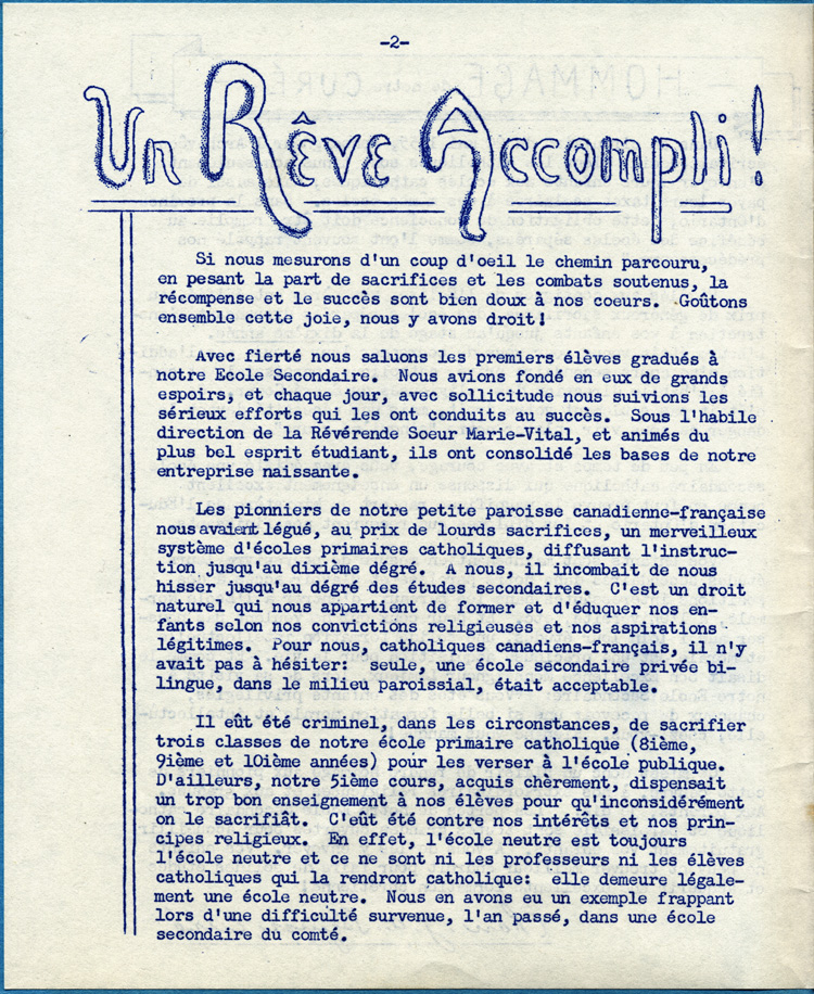 Reproduction de la deuxi&egrave;me page de Lutter sans d&eacute;faillance : annuaire des finissants, 1955, de l’&Eacute;cole secondaire de Saint-Isidore-de-Prescott (Ontario) comprenant le texte du discours du p&egrave;re Joseph Roy, cur&eacute; de la paroisse, lors de la c&eacute;r&eacute;monie de la remise des dipl&ocirc;mes, 1955.