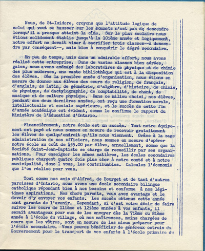 Reproduction de la troisi&egrave;me page de Lutter sans d&eacute;faillance : annuaire des finissants, 1955, de l’&Eacute;cole secondaire de St-Isidore de Prescott (Ontario) comprenant le texte du discours du p&egrave;re Joseph Roy, cur&eacute; de la paroisse, lors de la c&eacute;r&eacute;monie de la remise des dipl&ocirc;mes, 1955.