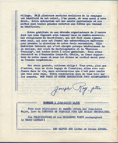 Reproduction de la quatri&egrave;me page de Lutter sans d&eacute;faillance : annuaire des finissants, 1955, de l’&Eacute;cole secondaire de St-Isidore de Prescott (Ontario) comprenant le texte du discours du p&egrave;re Joseph Roy, cur&eacute; de la paroisse, lors de la c&eacute;r&eacute;monie de la remise des dipl&ocirc;mes, 1955.