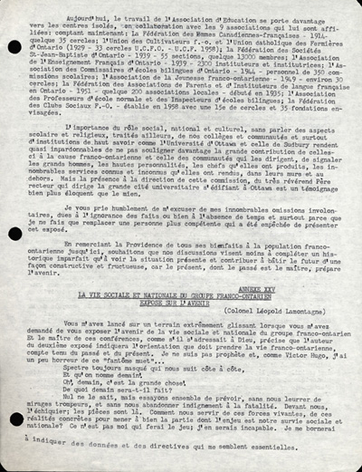 Reproduction de la premi&egrave;re page du discours de L&eacute;opold Lamontagne au quinzi&egrave;me congr&egrave;s de l’Association canadienne-fran&ccedil;aise d’&eacute;ducation d’Ontario, dans lequel il propose une strat&eacute;gie d’action aux milieux franco-ontariens isol&eacute;s, Ottawa, avril 1960, 1960.
