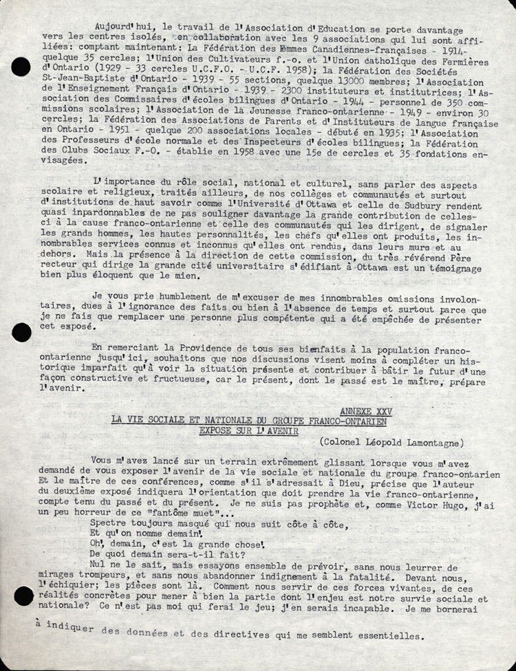 Reproduction de la premi&egrave;re page du discours de L&eacute;opold Lamontagne au quinzi&egrave;me congr&egrave;s de l’Association canadienne-fran&ccedil;aise d’&eacute;ducation d’Ontario, dans lequel il propose une strat&eacute;gie d’action aux milieux franco-ontariens isol&eacute;s, Ottawa, avril 1960, 1960.