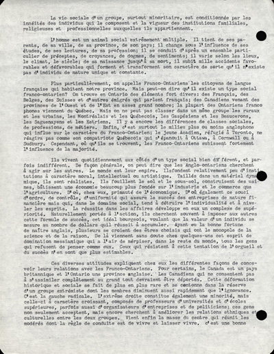 Reproduction de la deuxi&egrave;me page du discours de L&eacute;opold Lamontagne au quinzi&egrave;me congr&egrave;s de l’Association canadienne-fran&ccedil;aise d’&eacute;ducation d’Ontario, dans lequel il propose une strat&eacute;gie d’action aux milieux franco-ontariens isol&eacute;s, Ottawa, avril 1960, 1960.