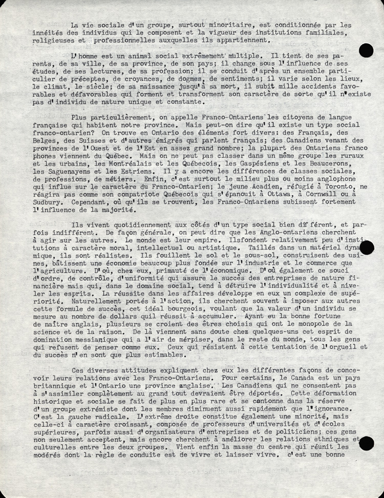 Reproduction de la deuxi&egrave;me page du discours de L&eacute;opold Lamontagne au quinzi&egrave;me congr&egrave;s de l’Association canadienne-fran&ccedil;aise d’&eacute;ducation d’Ontario, dans lequel il propose une strat&eacute;gie d’action aux milieux franco-ontariens isol&eacute;s, Ottawa, avril 1960, 1960.