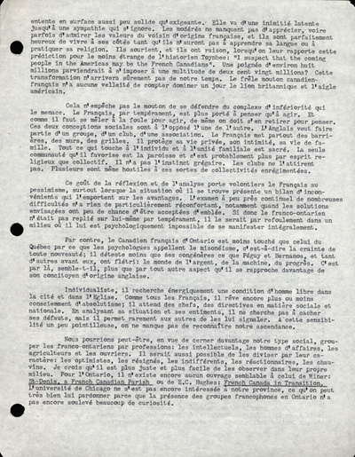 Reproduction de la troisi&egrave;me page du discours de L&eacute;opold Lamontagne au quinzi&egrave;me congr&egrave;s de l’Association canadienne-fran&ccedil;aise d’&eacute;ducation d’Ontario, dans lequel il propose une strat&eacute;gie d’action aux milieux franco-ontariens isol&eacute;s, Ottawa, avril 1960, 1960.