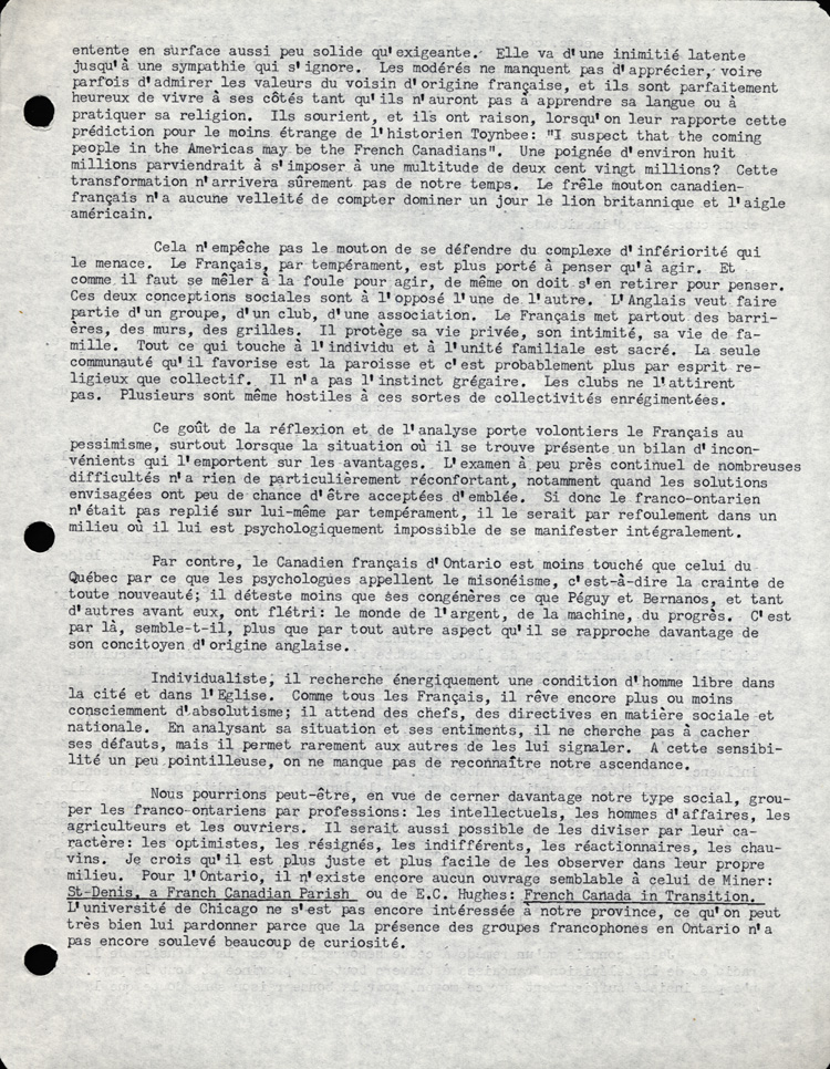 Reproduction de la troisi&egrave;me page du discours de L&eacute;opold Lamontagne au quinzi&egrave;me congr&egrave;s de l’Association canadienne-fran&ccedil;aise d’&eacute;ducation d’Ontario, dans lequel il propose une strat&eacute;gie d’action aux milieux franco-ontariens isol&eacute;s, Ottawa, avril 1960, 1960.