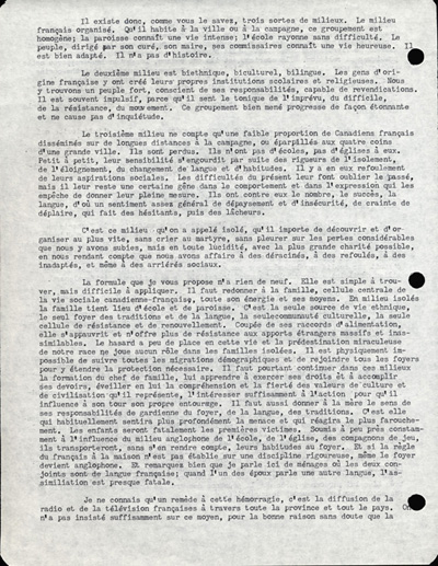 Reproduction de la quatri&egrave;me page du discours de L&eacute;opold Lamontagne au quinzi&egrave;me congr&egrave;s de l’Association canadienne-fran&ccedil;aise d’&eacute;ducation d’Ontario, dans lequel il propose une strat&eacute;gie d’action aux milieux franco-ontariens isol&eacute;s, Ottawa, avril 1960, 1960.