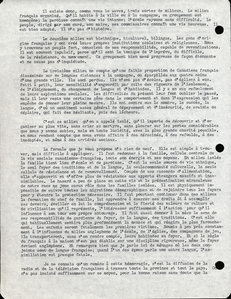 Reproduction de la quatri&egrave;me page du discours de L&eacute;opold Lamontagne au quinzi&egrave;me congr&egrave;s de l’Association canadienne-fran&ccedil;aise d’&eacute;ducation d’Ontario, dans lequel il propose une strat&eacute;gie d’action aux milieux franco-ontariens isol&eacute;s, Ottawa, avril 1960, 1960.