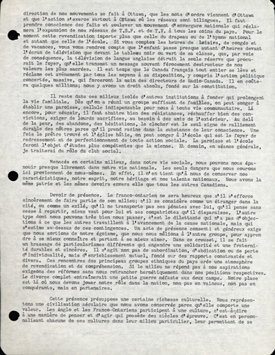 Reproduction de la cinqui&egrave;me page du discours de L&eacute;opold Lamontagne au quinzi&egrave;me congr&egrave;s de l’Association canadienne-fran&ccedil;aise d’&eacute;ducation d’Ontario, dans lequel il propose une strat&eacute;gie d’action aux milieux franco-ontariens isol&eacute;s, Ottawa, avril 1960, 1960.