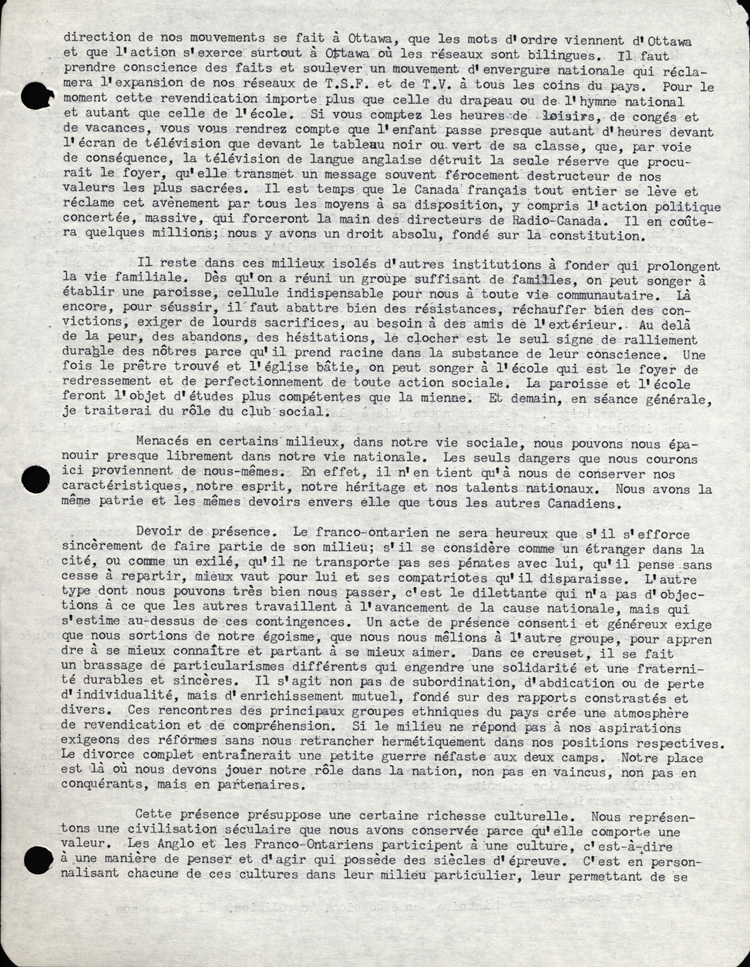 Reproduction de la cinqui&egrave;me page du discours de L&eacute;opold Lamontagne au quinzi&egrave;me congr&egrave;s de l’Association canadienne-fran&ccedil;aise d’&eacute;ducation d’Ontario, dans lequel il propose une strat&eacute;gie d’action aux milieux franco-ontariens isol&eacute;s, Ottawa, avril 1960, 1960.