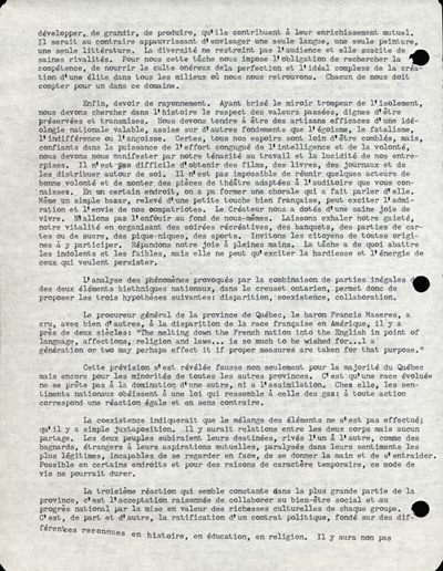 Reproduction de la sixi&egrave;me page du discours de L&eacute;opold Lamontagne au quinzi&egrave;me congr&egrave;s de l’Association canadienne-fran&ccedil;aise d’&eacute;ducation d’Ontario, dans lequel il propose une strat&eacute;gie d’action aux milieux franco-ontariens isol&eacute;s, Ottawa, avril 1960, 1960.