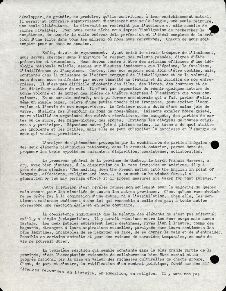 Reproduction de la sixi&egrave;me page du discours de L&eacute;opold Lamontagne au quinzi&egrave;me congr&egrave;s de l’Association canadienne-fran&ccedil;aise d’&eacute;ducation d’Ontario, dans lequel il propose une strat&eacute;gie d’action aux milieux franco-ontariens isol&eacute;s, Ottawa, avril 1960, 1960.