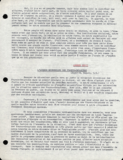 Reproduction de la septi&egrave;me page du discours de L&eacute;opold Lamontagne au quinzi&egrave;me congr&egrave;s de l’Association canadienne-fran&ccedil;aise d’&eacute;ducation d’Ontario, dans lequel il propose une strat&eacute;gie d’action aux milieux franco-ontariens isol&eacute;s, Ottawa, avril 1960, 1960.