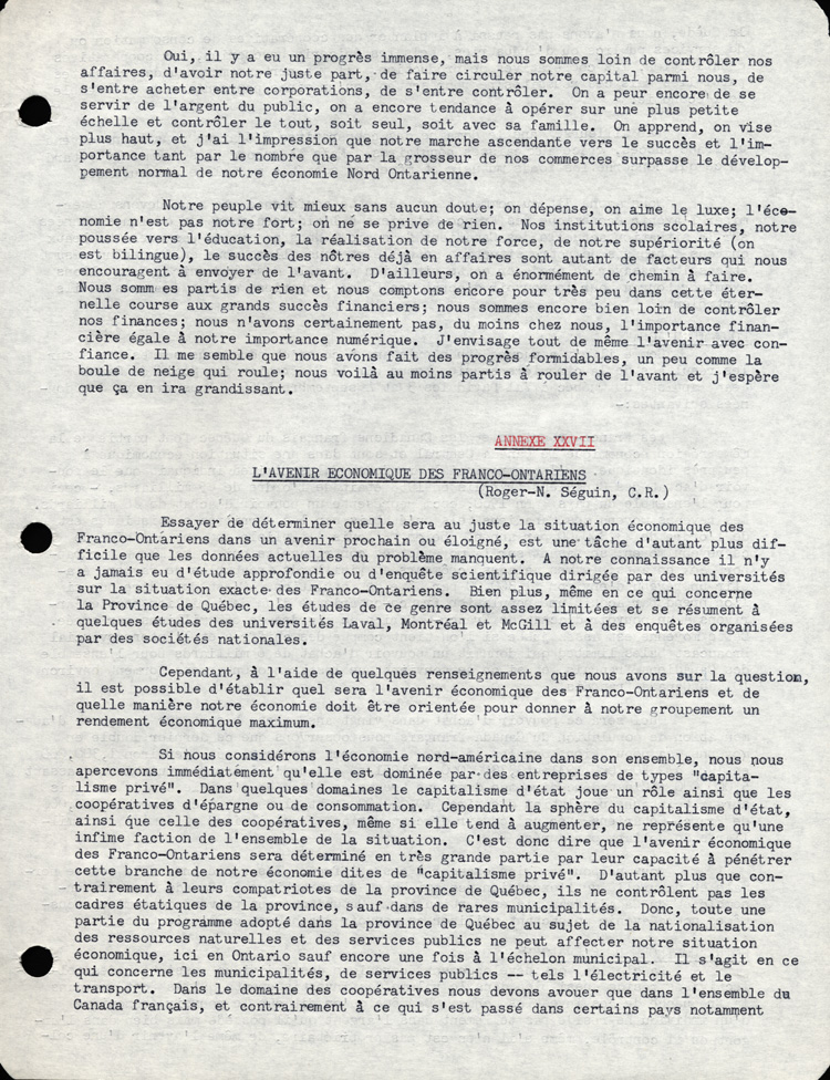 Reproduction de la septi&egrave;me page du discours de L&eacute;opold Lamontagne au quinzi&egrave;me congr&egrave;s de l’Association canadienne-fran&ccedil;aise d’&eacute;ducation d’Ontario, dans lequel il propose une strat&eacute;gie d’action aux milieux franco-ontariens isol&eacute;s, Ottawa, avril 1960, 1960.