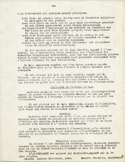 Reproduction de la troisi&egrave;me page de l’Historique du Conseil ou Comit&eacute; p&eacute;dagogique de l’Association canadienne-fran&ccedil;aise d’&eacute;ducation d’Ontario, 1945.