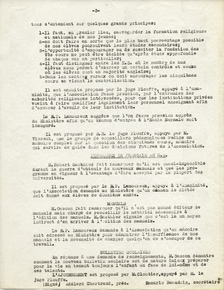 Reproduction de la troisi&egrave;me page de l’Historique du Conseil ou Comit&eacute; p&eacute;dagogique de l’Association canadienne-fran&ccedil;aise d’&eacute;ducation d’Ontario, 1945.