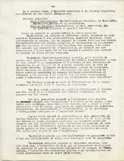 Reproduction de la quatri&egrave;me page de l’Historique du Conseil ou Comit&eacute; p&eacute;dagogique de l’Association canadienne-fran&ccedil;aise d’&eacute;ducation d’Ontario, 1945.