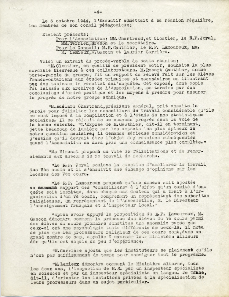 Reproduction de la quatri&egrave;me page de l’Historique du Conseil ou Comit&eacute; p&eacute;dagogique de l’Association canadienne-fran&ccedil;aise d’&eacute;ducation d’Ontario, 1945.