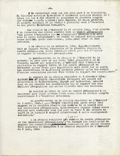 Reproduction de la cinqui&egrave;me page de l’Historique du Conseil ou Comit&eacute; p&eacute;dagogique de l’Association canadienne-fran&ccedil;aise d’&eacute;ducation d’Ontario, 1945.
