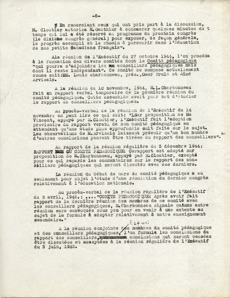 Reproduction de la cinqui&egrave;me page de l’Historique du Conseil ou Comit&eacute; p&eacute;dagogique de l’Association canadienne-fran&ccedil;aise d’&eacute;ducation d’Ontario, 1945.