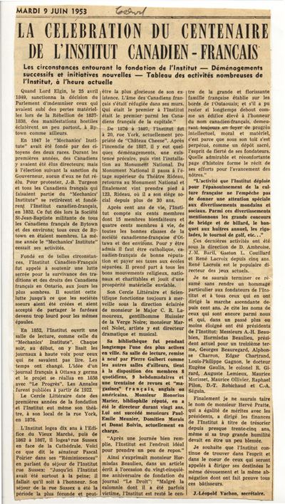 Reproduction d’un article de J.-L&eacute;opold Vachon intitul&eacute; La c&eacute;l&eacute;bration du centenaire de l’Institut canadien-fran&ccedil;ais et paru dans le quotidien Le Droit, mardi le 9 juin 1953.