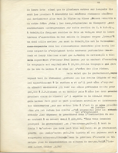 Reproduction de la quarante-quatri&egrave;me page du cinqui&egrave;me volume, R&eacute;gion de l’Ontario-Nord ou de Pembrooke, Mattawa, T&eacute;miscamingue, de Gestes fran&ccedil;ais en terre ontarienne, par Alonzo Gobeil, relatant les d&eacute;buts de Cobalt (Ontario), 1903-1909, 1956.