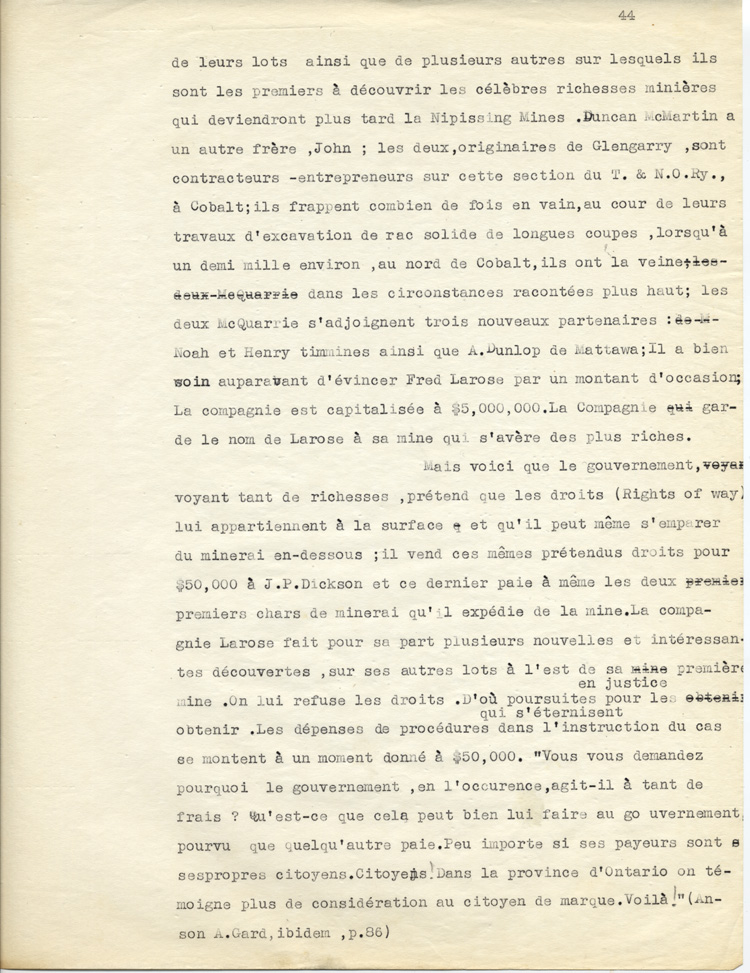 Reproduction de la quarante-quatri&egrave;me page du cinqui&egrave;me volume, R&eacute;gion de l’Ontario-Nord ou de Pembrooke, Mattawa, T&eacute;miscamingue, de Gestes fran&ccedil;ais en terre ontarienne, par Alonzo Gobeil, relatant les d&eacute;buts de Cobalt (Ontario), 1903-1909, 1956.