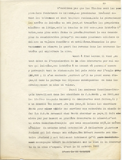 Reproduction de la quarante-cinqui&egrave;me page du cinqui&egrave;me volume, R&eacute;gion de l’Ontario-Nord ou de Pembrooke, Mattawa, T&eacute;miscamingue, de Gestes fran&ccedil;ais en terre ontarienne, par Alonzo Gobeil, relatant les d&eacute;buts de Cobalt (Ontario), 1903-1909, 1956.
