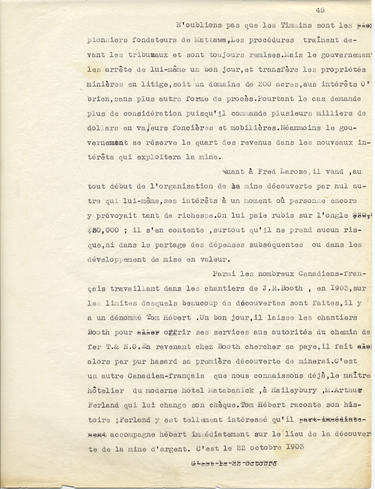 Reproduction de la quarante-cinqui&egrave;me page du cinqui&egrave;me volume, R&eacute;gion de l’Ontario-Nord ou de Pembrooke, Mattawa, T&eacute;miscamingue, de Gestes fran&ccedil;ais en terre ontarienne, par Alonzo Gobeil, relatant les d&eacute;buts de Cobalt (Ontario), 1903-1909, 1956.