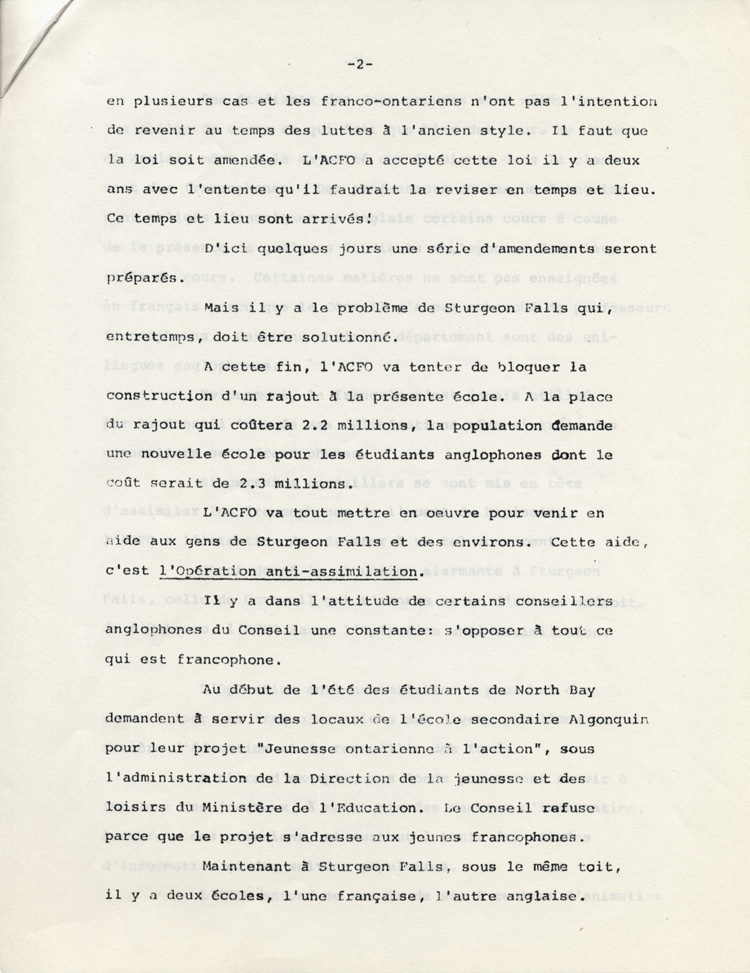 Reproduction de la deuxi&egrave;me page d’un communiqu&eacute; de presse de l’Association canadienne-fran&ccedil;aise de l’Ontario (ACFO) au sujet de l’Op&eacute;ration anti-assimilation, 8 septembre 1971.