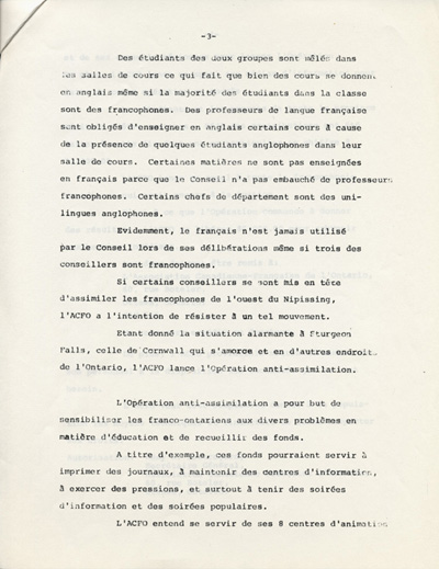 Reproduction de la troisi&egrave;me page d’un communiqu&eacute; de presse de l’Association canadienne-fran&ccedil;aise de l’Ontario (ACFO) au sujet de l’Op&eacute;ration anti-assimilation, 8 septembre 1971.