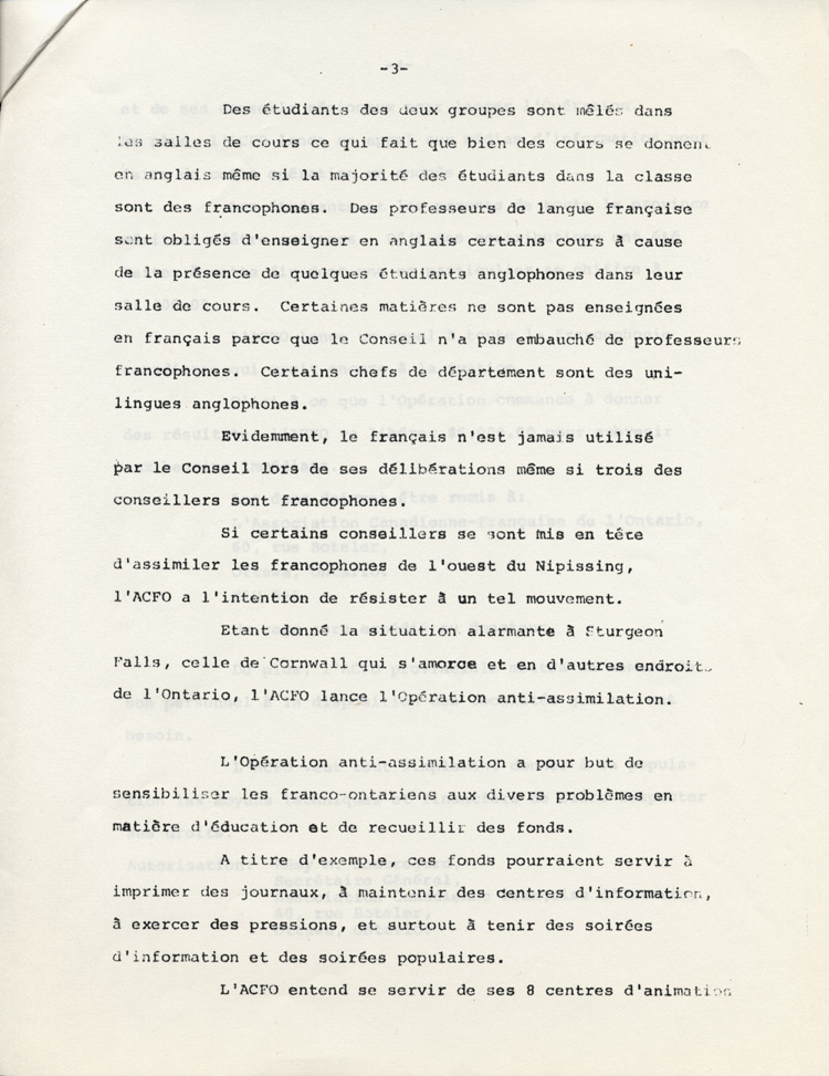 Reproduction de la troisi&egrave;me page d’un communiqu&eacute; de presse de l’Association canadienne-fran&ccedil;aise de l’Ontario (ACFO) au sujet de l’Op&eacute;ration anti-assimilation, 8 septembre 1971.
